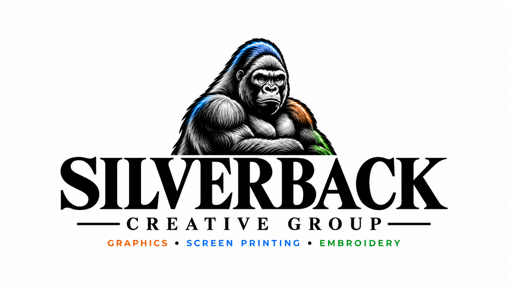 Silverback Creative Group logo with a colorful gorilla and orange Graphics, blue Screen Printing, and green Embroidery service names